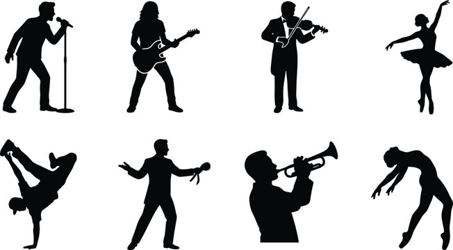 Performing arts silhouette vector set featuring singer guitarist violinist ballerina breakdancer trumpet player and modern dancer