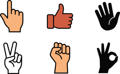 Fototapeta premium Hand Gesture Vector Icon Set with Pointing Finger Thumbs Up Open Palm Victory Sign Fist and OK Symbols for User Interface and Communication Designs