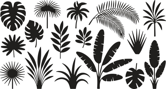 Tropical leaves black silhouette set with monstera and palm fronds isolated on a clean white background
