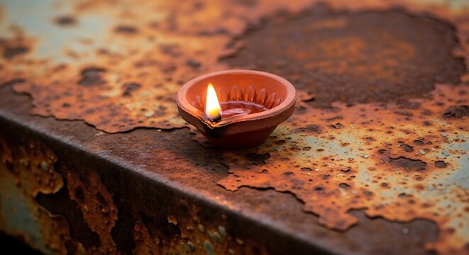 A glowing clay oil lamp placed on a weathered rusty metal surface