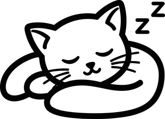 Cute Sleeping Cat Icon - Black and White Simple Drawing © Eca
