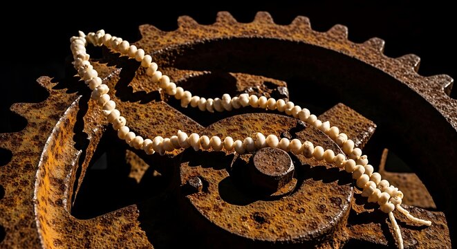 A white shell bead necklace draped over a rusty antique iron gear wheel