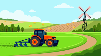 Farming landscape with tractor plowing, hay bales, and windmill © TRSTOCK