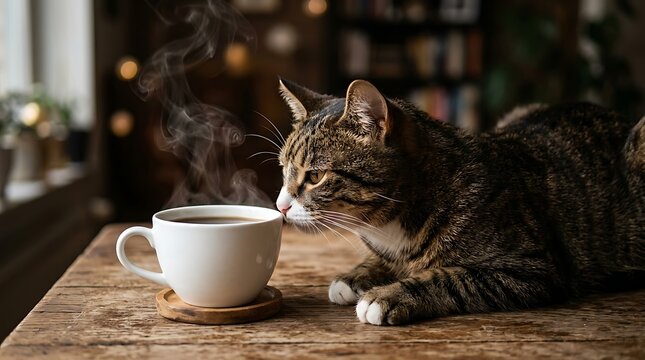 Tabby cat curiously sniffing steam rising from a white cup of hot coffee animal domestic cat