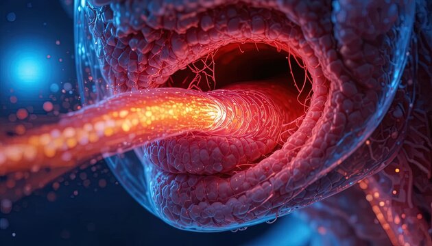 Close-up of a monstrous mouth with a glowing, fiery tongue extended, dark background