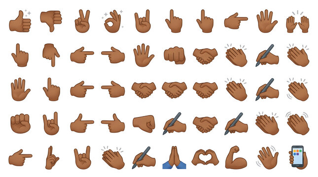 Collection of Hand Gestures: A comprehensive compilation of diverse hand gestures, depicting actions from approval and disapproval to communication and celebration, rendered in a warm brown skin tone.