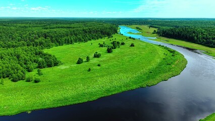 Obraz premium Meandering riverbank curving through lush green fields with dense forest horizon in the distance