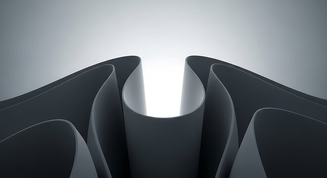 Abstract dark gray flowing shapes with glowing white light background