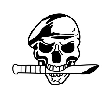 Military skull wearing beret biting a knife drawing