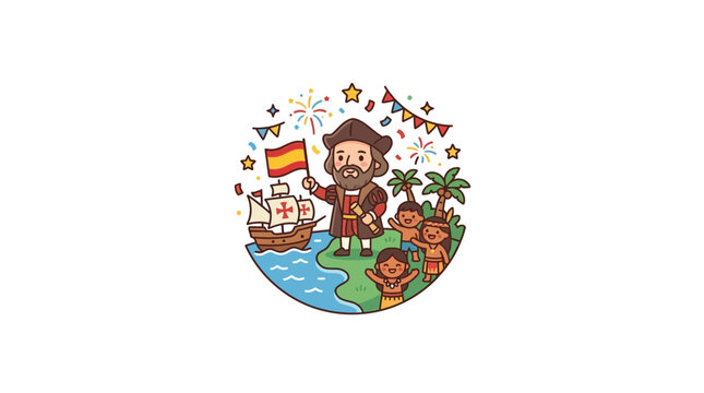 Cartoon Christopher Columbus Discovering New World with Ships and Natives