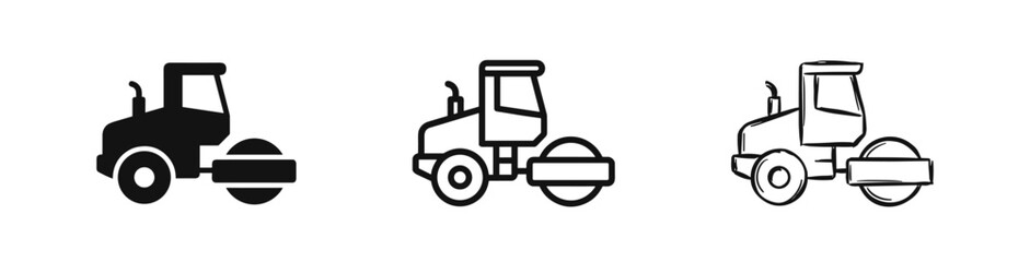 Fototapeta premium Road roller construction machine icon set in solid, line, and sketch styles