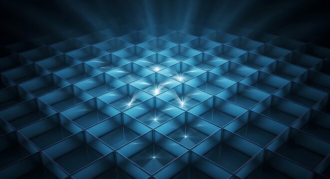 Blue glowing grid of square metallic boxes with light reflections