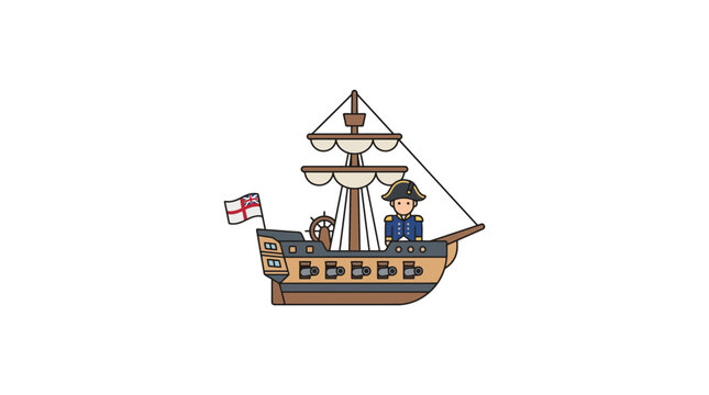 Cartoon Pirate Ship with Captain and Monkey Character Illustration