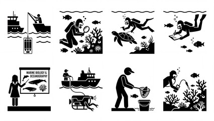 Obraz premium Marine biology and oceanography icon set featuring scientific research conservation and underwater exploration activities perfect for educational resourc