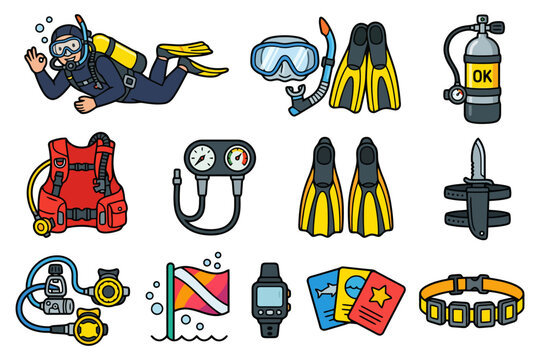 Colorful scuba diving gear set: fins, mask, snorkel, tank, regulator, dive flag, watch, compass.