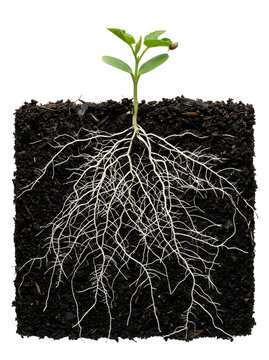 Young plant with visible root system in soil