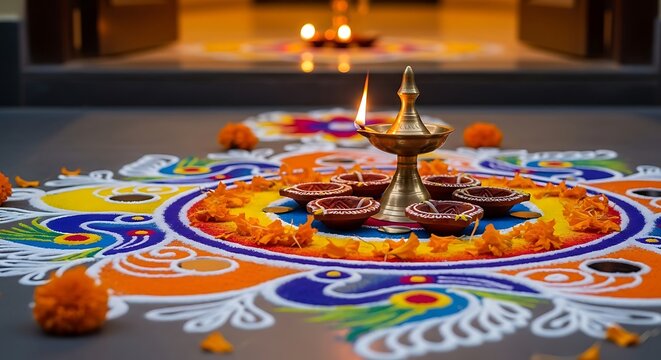 Brass oil lamp and clay diyas glowing on a colorful floral rangoli pattern