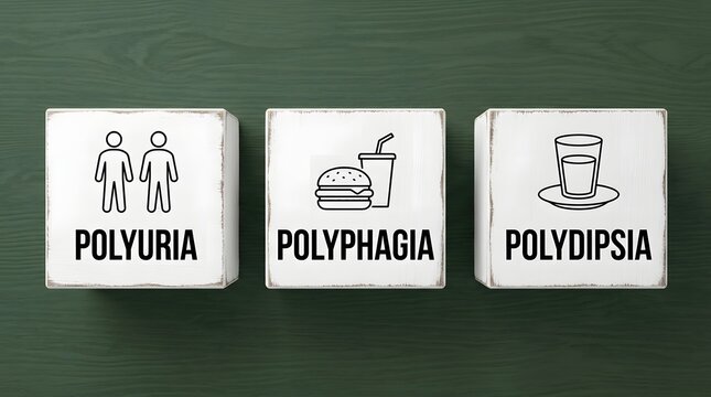 Diabetes symptoms concept illustrated on white blocks with polyuria polyphagia and polydipsia text and icons.