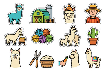 Obraz premium Llama farm stickers: alpacas, barn, farmer, yarn, cactus.