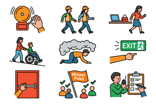 Emergency safety procedures illustration with diverse adults in various situations.
