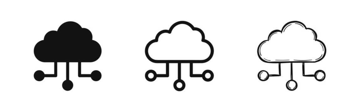 Cloud computing network icon set, data storage, connectivity, tech concept, solid, outline and sketch styles
