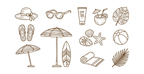 Beach vacation doodle icons set line art vector drawing parasol surfing board beach ball flip flops sun cream sunglasses towel sea shells and tropical palm leaves summer recreation travel objects. © SoniaJahan