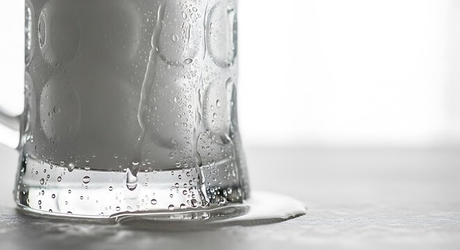 Cold frosted glass mug with water condensation drops on a table