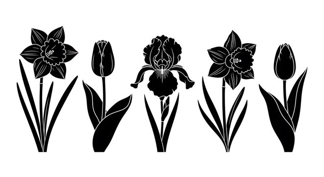 Collection of black silhouettes of daffodils, tulips, and iris flowers