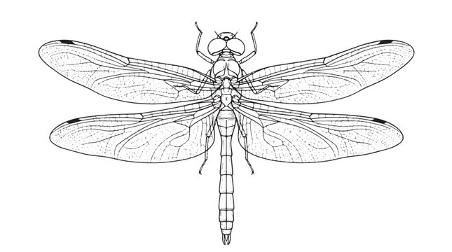 Vintage dragonfly vector illustration, detailed insect line art drawing, black and white biological sketch of a dragonfly with intricate wings
