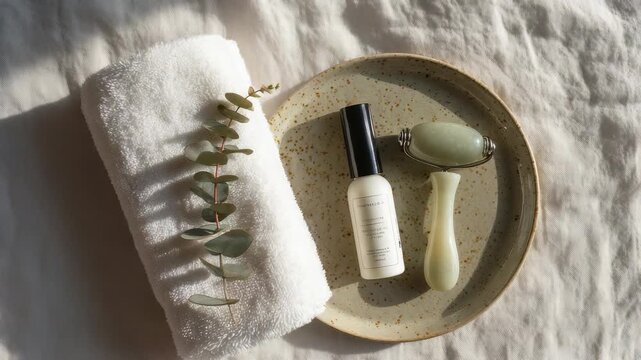 A serene spa scene features a jade roller, facial serum, and rolled towel on a ceramic plate with eucalyptus leaves. Sunlight highlights the natural, minimalist beauty and self care atmosphere