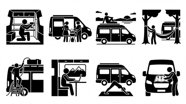 Set of van life stick figures black and white vector icons depicting various activities and adventures of campervan travel and mobile living