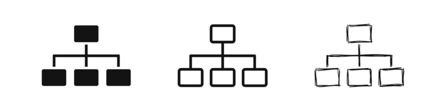 Hierarchical organization chart icons set in three styles