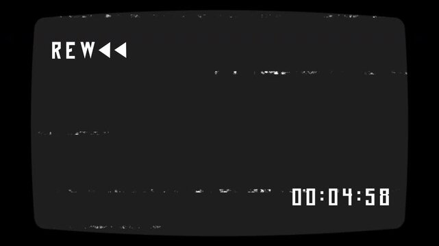 Analog TV REW VHS Animation with static interference glitch effects overlay on black background. VHS glitch effect, ideal for transitions, UI overlays, and video editing.