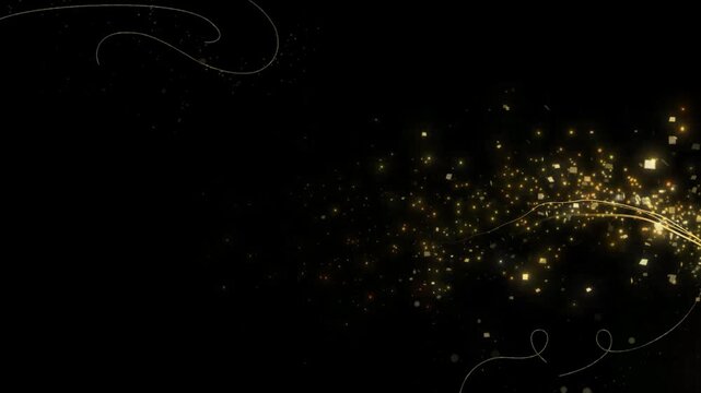 Gold particles swirl in a graceful arc against a deep black backdrop, evoking a sense of luxury and magic that is perfect for premium branding, high-end invitations, or elegant motion graphics.