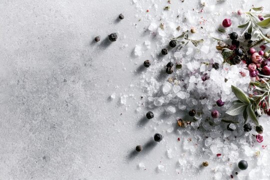 Natural sea salt crystals combined with fragrant herbs and colorful peppercorns creating a clean culinary frame with spacious copy area on a gray background.
