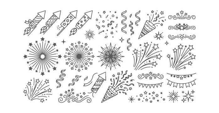 Celebration party elements set vector line art doodle fireworks confetti streamers banners and festive shapes for events holidays birthdays anniversaries and special occasions decorative designs.