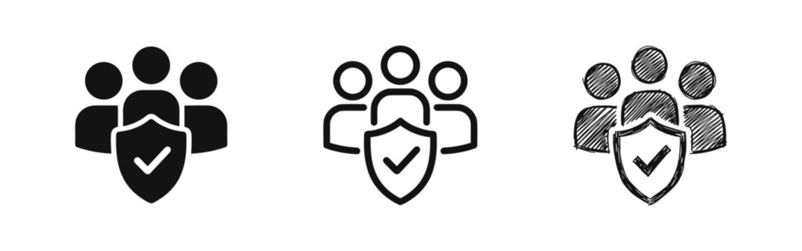 Group of people under shield icon set in multiple art styles