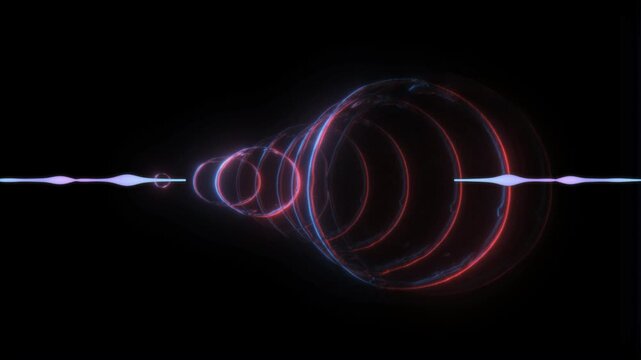 Neon light wave pattern animation with red blue circles on black background