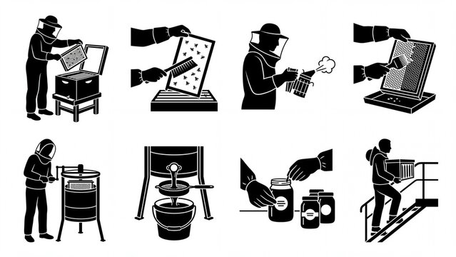 Set of beekeeping and honey production process icons showing apiary work from hive management to honey packaging ideal for educational infographics