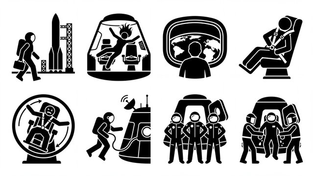 Collection of astronaut and space mission silhouette icons illustrating various stages of space travel from training to landing for web and app design
