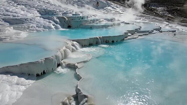 White travertine terraces and blue pools in Pamukkale.