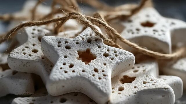 Close up of textured salt dough stars tied with natural twine, perfect for Christmas or winter decor. The handcrafted look highlights a trendy, eco friendly approach to seasonal ornamentation