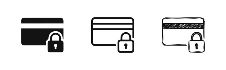 Set of credit card with lock icons, secure payment security © drawing lines