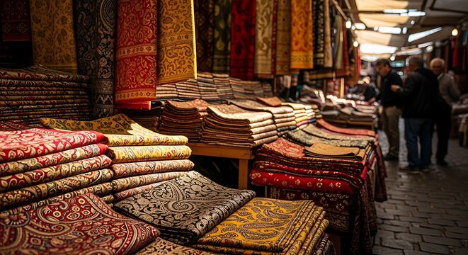 Colorful traditional fabrics displayed for sale at an outdoor street market