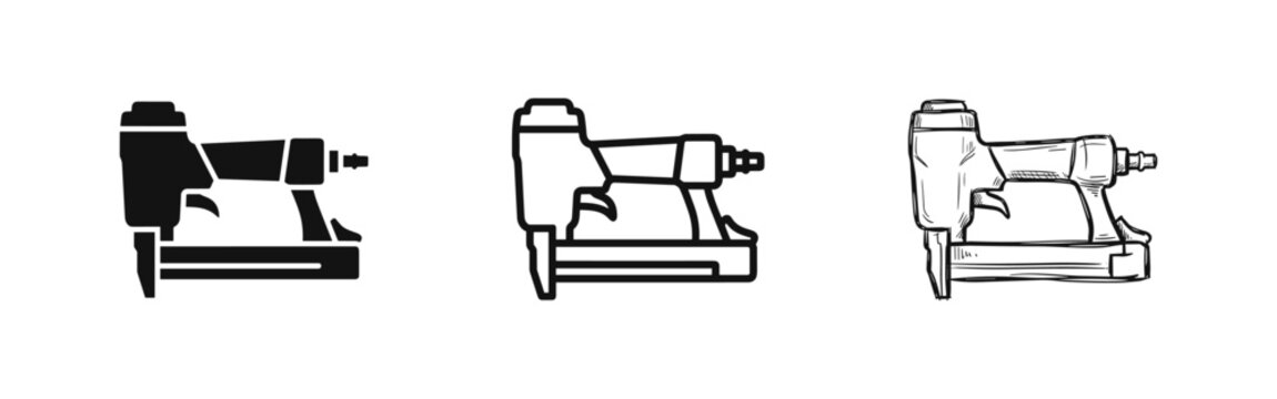 Set of nail gun icons, construction tool equipment