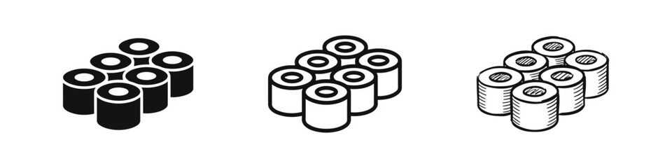 Sushi roll set icons, Japanese food collection, solid, outline, and sketch styles © drawing lines