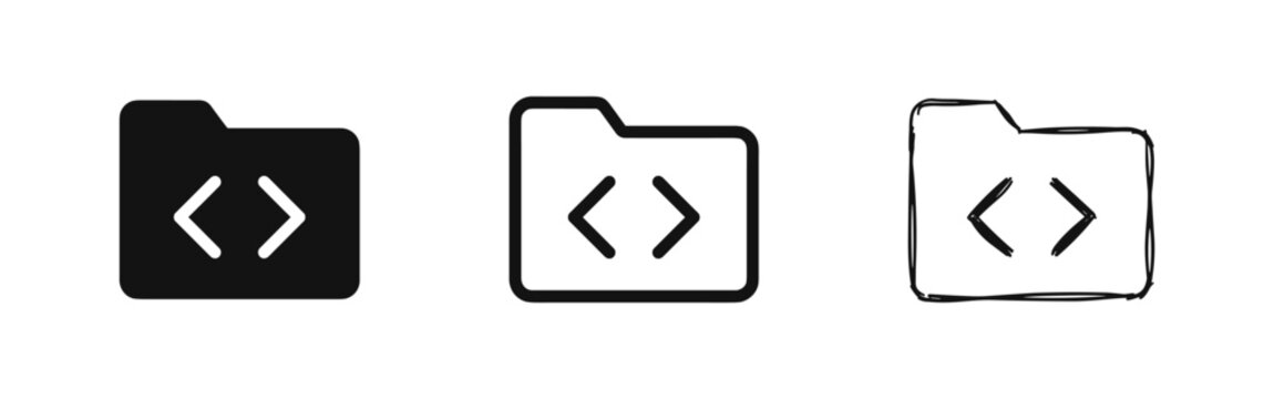 Programming code folder icon set, solid, outline and sketch styles
