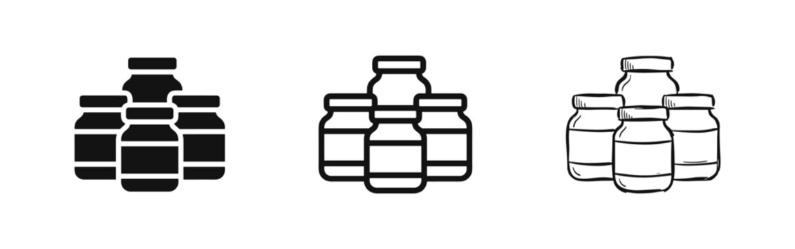Jar collection icons, food storage containers, glass jars set