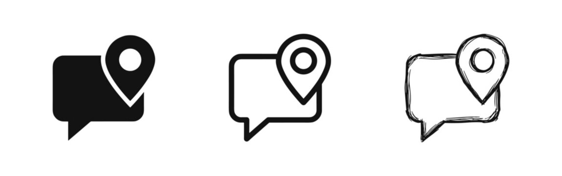 Set of location bubble icons, chat speech balloon with pin, map pointer vector illustrations