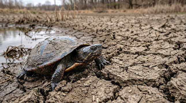 Drying ponds in summer heat and drought, a turtle on cracked earth at the edge of a shallow pond, the impact of drought on freshwater habitats, copy space for text